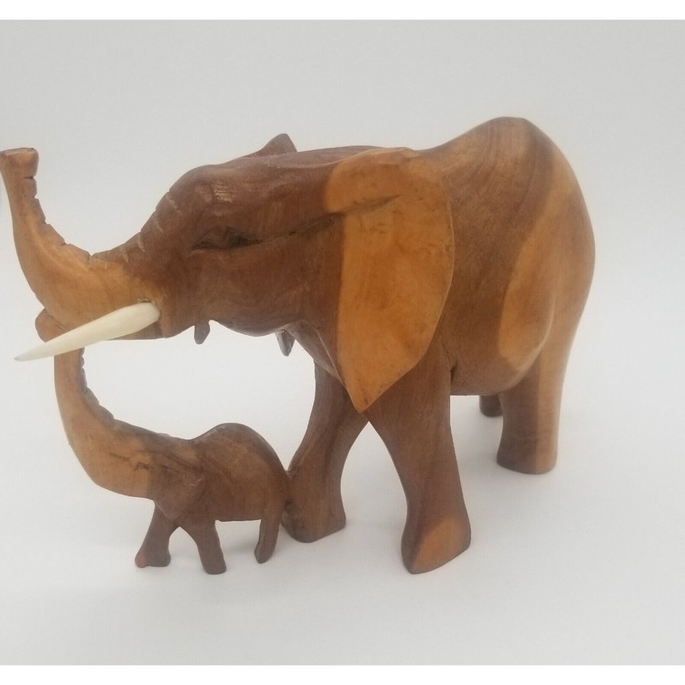 Elephant Wood Carving with Baby